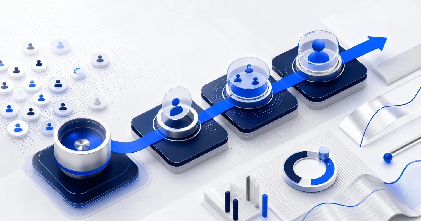 A BlueTier editorial illustration of a measured outreach funnel moving from audience to conversation